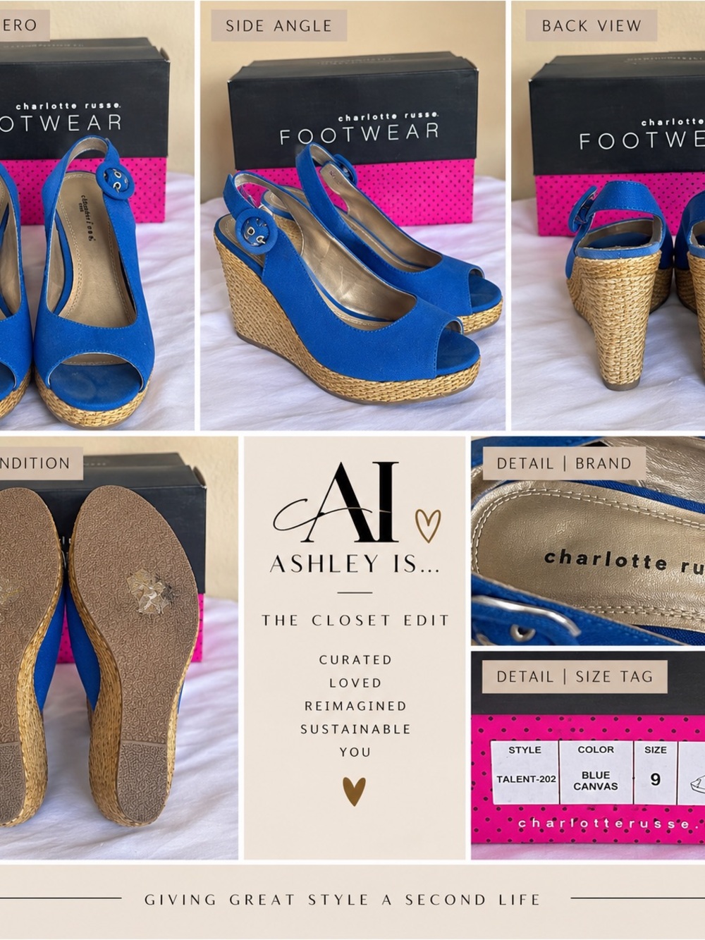 Charlotte Russe Blue Canvas Peep Toe Espadrille Wedges
